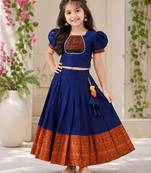 Blue cotton narayan pet zari weaving boarder lehenga choli for kids