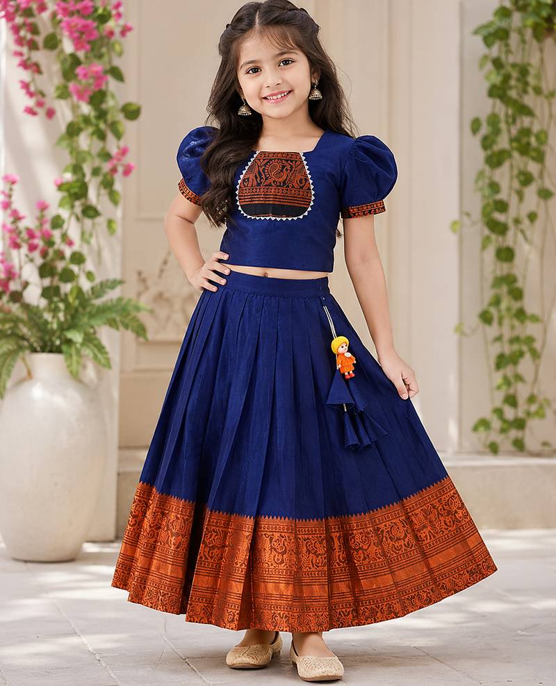 Blue cotton narayan pet zari weaving boarder lehenga choli for kids