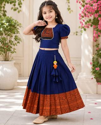 Blue cotton narayan pet zari weaving boarder lehenga choli for kids 2
