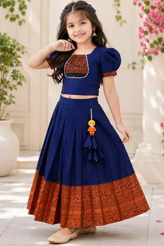 Blue cotton narayan pet zari weaving boarder lehenga choli for kids