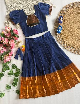 Blue cotton narayan pet zari weaving boarder lehenga choli for kids 3