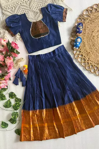 Blue cotton narayan pet zari weaving boarder lehenga choli for kids