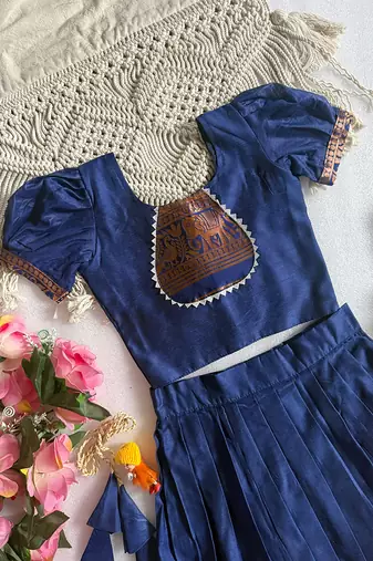Blue cotton narayan pet zari weaving boarder lehenga choli for kids