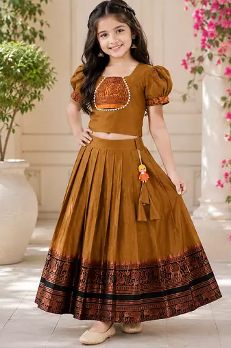 Mustard cotton narayan pet zari weaving boarder lehenga choli for kids