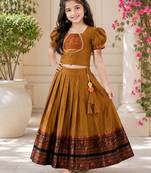 Mustard cotton narayan pet zari weaving boarder lehenga choli for kids