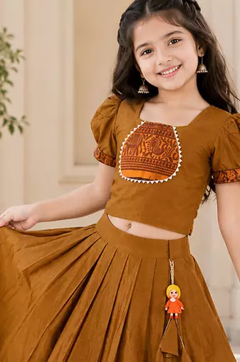 Mustard cotton narayan pet zari weaving boarder lehenga choli for kids