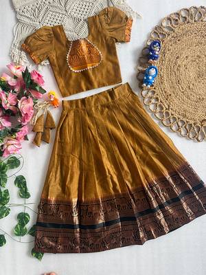 Mustard cotton narayan pet zari weaving boarder lehenga choli for kids 3