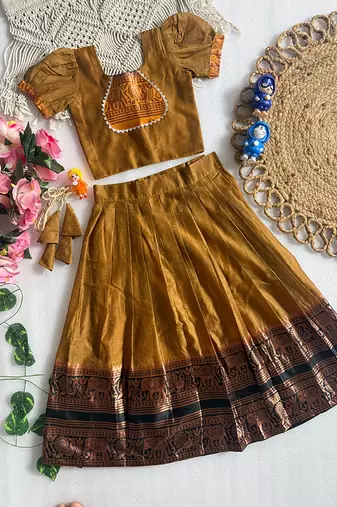 Mustard cotton narayan pet zari weaving boarder lehenga choli for kids