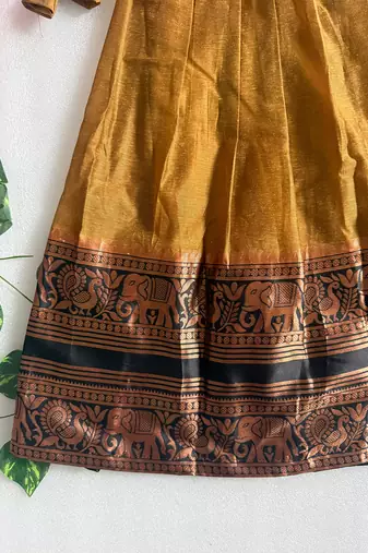 Mustard cotton narayan pet zari weaving boarder lehenga choli for kids