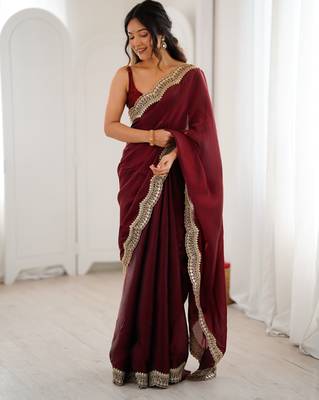 Maroon tissue satin sequins saree with unstitched blouse piece. 2