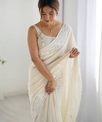 Cream georgette sequins saree with unstitched blouse piece. 2