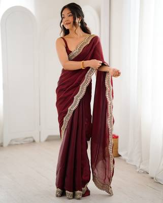 Maroon tissue satin sequins saree with unstitched blouse piece. 3