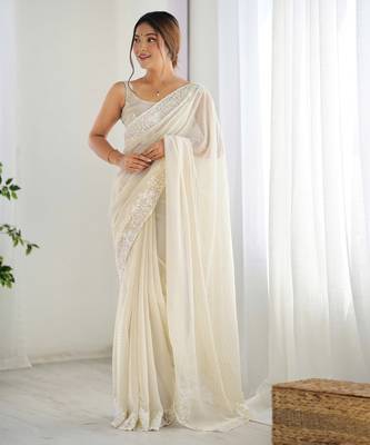 Cream georgette sequins saree with unstitched blouse piece. 3