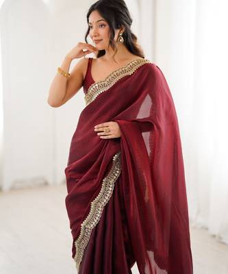 Maroon tissue satin sequins saree with unstitched blouse piece. 4
