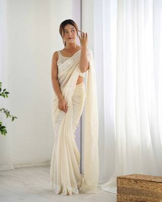 Cream georgette sequins saree with unstitched blouse piece. 4