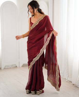 Maroon tissue satin sequins saree with unstitched blouse piece. 5