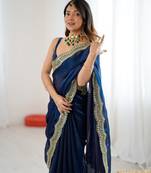 Navy blue tissue satin sequins saree with unstitched blouse piece.