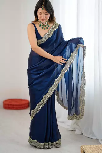 Navy blue tissue satin sequins saree with unstitched blouse piece.