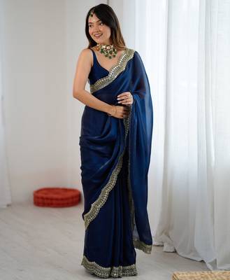 Navy blue tissue satin sequins saree with unstitched blouse piece. 3