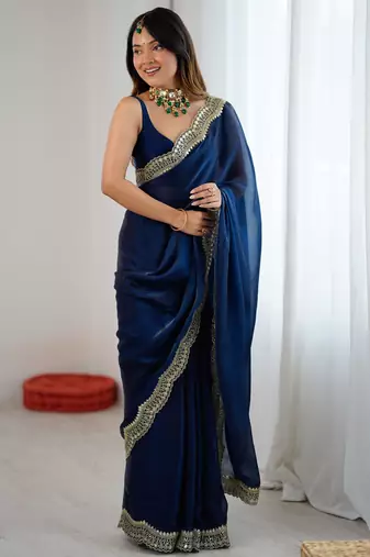 Navy blue tissue satin sequins saree with unstitched blouse piece.