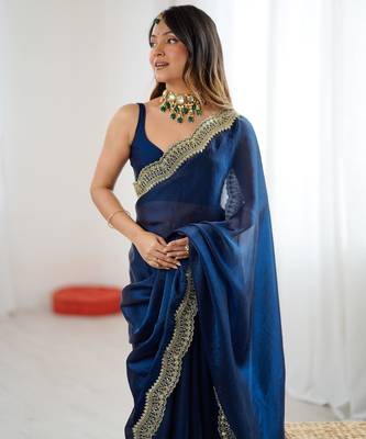 Navy blue tissue satin sequins saree with unstitched blouse piece. 4