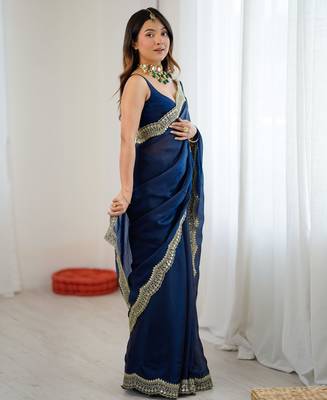 Navy blue tissue satin sequins saree with unstitched blouse piece. 5
