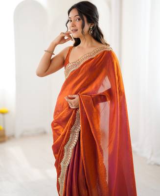 Orange tissue satin sequins saree with unstitched blouse piece. 4