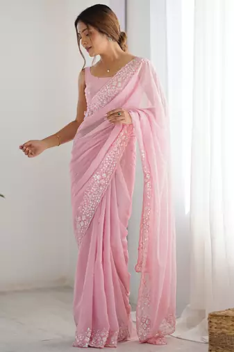 Pink georgette sequins saree with unstitched blouse piece.