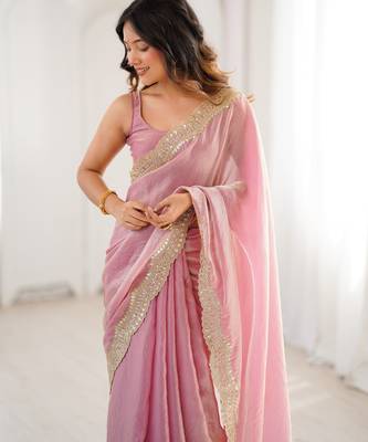 Pink tissue satin sequins saree with unstitched blouse piece. 1