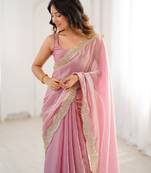 Pink tissue satin sequins saree with unstitched blouse piece.