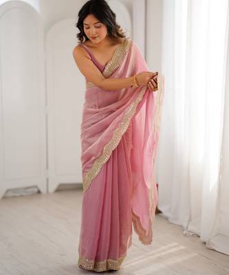 Pink tissue satin sequins saree with unstitched blouse piece. 2