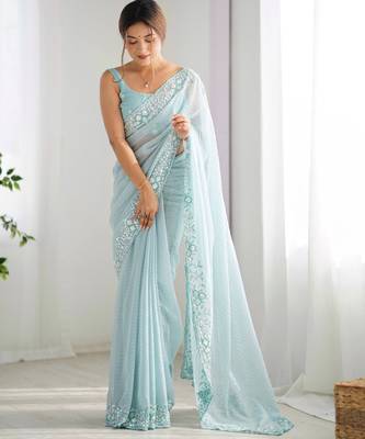 Sky blue georgette sequins saree with unstitched blouse piece. 3
