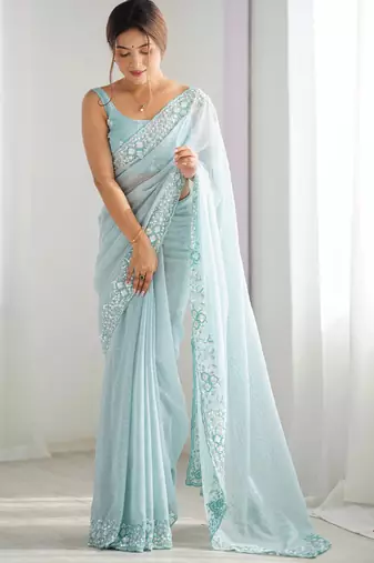 Sky blue georgette sequins saree with unstitched blouse piece.