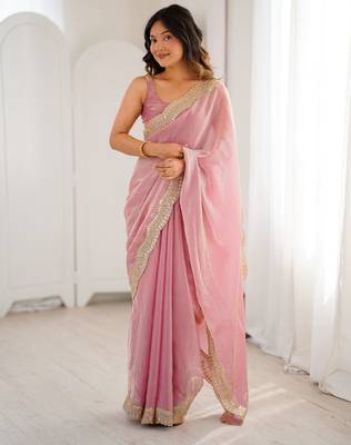 Pink tissue satin sequins saree with unstitched blouse piece. 3