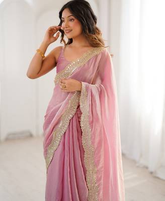 Pink tissue satin sequins saree with unstitched blouse piece. 4