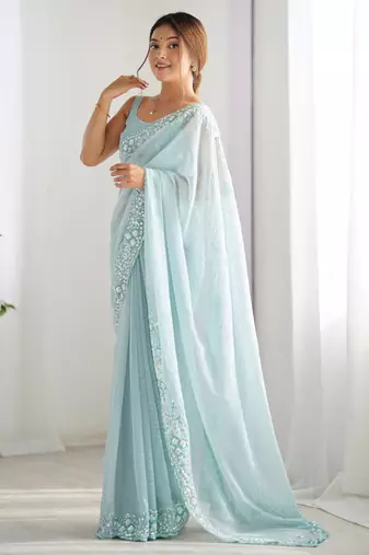 Sky blue georgette sequins saree with unstitched blouse piece.