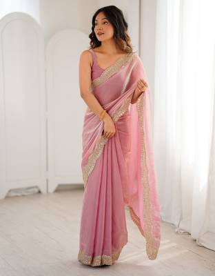 Pink tissue satin sequins saree with unstitched blouse piece. 5