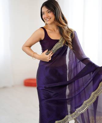 Purple tissue satin sequins saree with unstitched blouse piece. 1