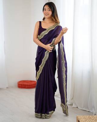 Purple tissue satin sequins saree with unstitched blouse piece. 2