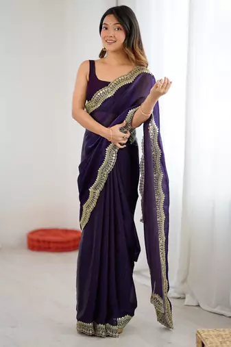 Purple tissue satin sequins saree with unstitched blouse piece.