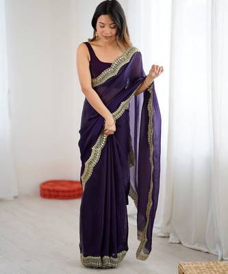 Purple tissue satin sequins saree with unstitched blouse piece. 3