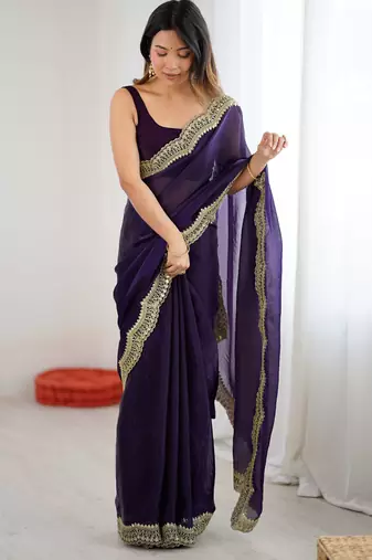 Purple tissue satin sequins saree with unstitched blouse piece.