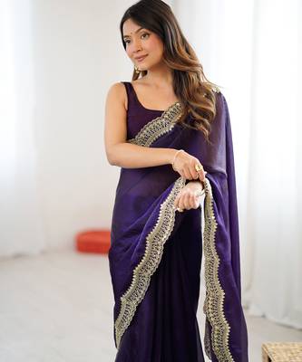 Purple tissue satin sequins saree with unstitched blouse piece. 4