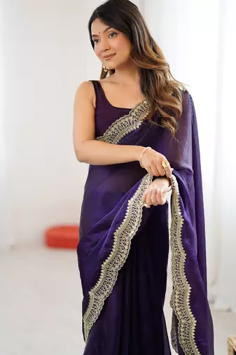 Purple tissue satin sequins saree with unstitched blouse piece.