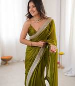 Olive tissue satin solid saree with unstitched blouse piece.