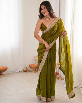 Olive tissue satin solid saree with unstitched blouse piece. 2