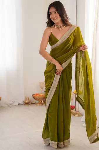 Olive tissue satin solid saree with unstitched blouse piece.
