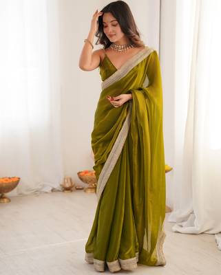 Olive tissue satin solid saree with unstitched blouse piece. 3