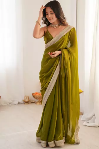 Olive tissue satin solid saree with unstitched blouse piece.