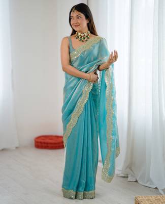 Sky blue tissue satin sequins saree with unstitched blouse piece. 2